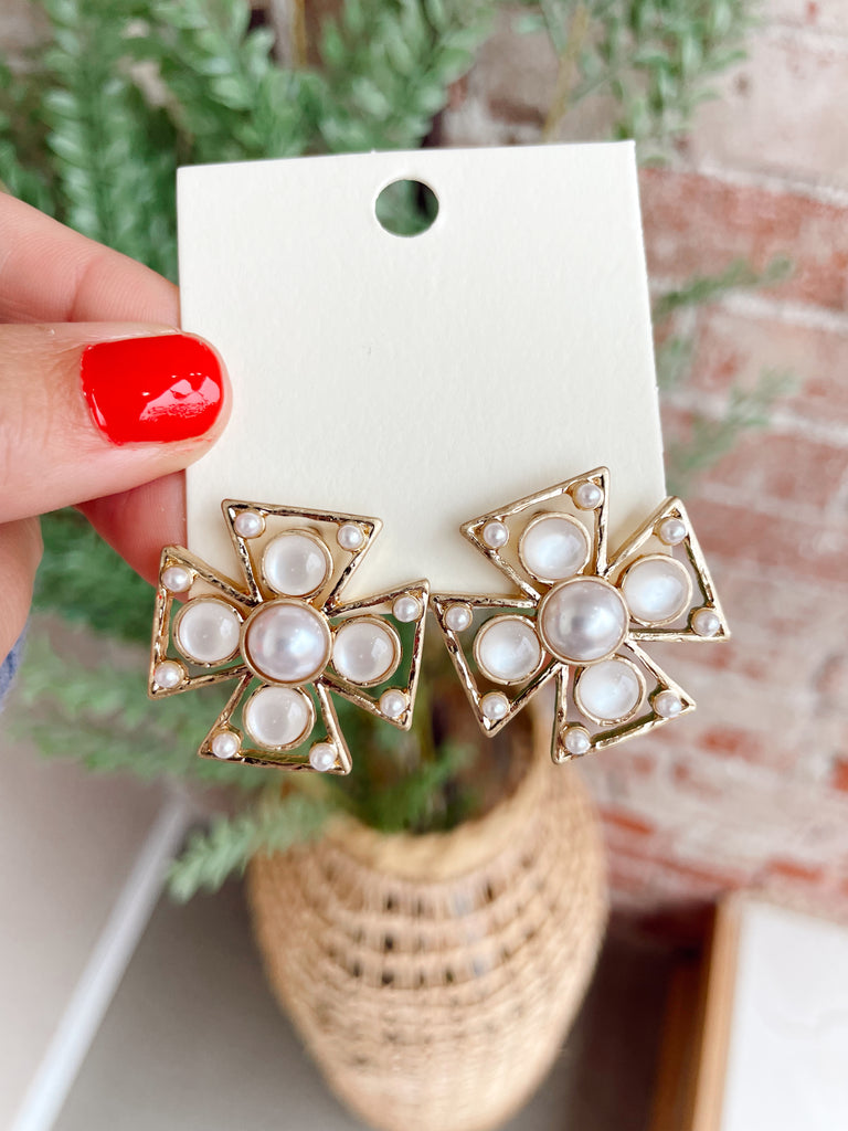 Pearl Squared Cross Earrings