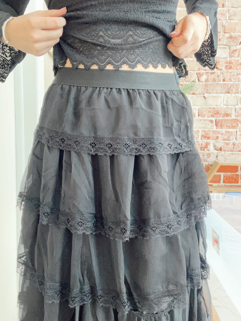Tiered Chiffon Lace Trim Midi Skirt