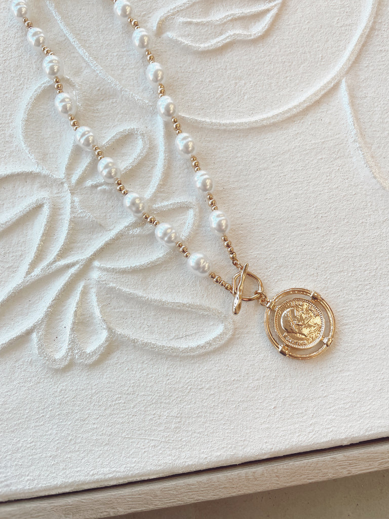 Large Coin Pendant and Pearl Necklace