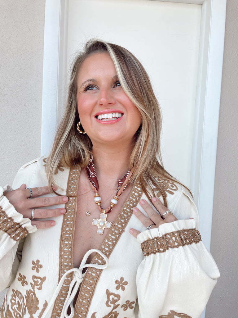 Brown Scarf Necklace with Pearl Cross