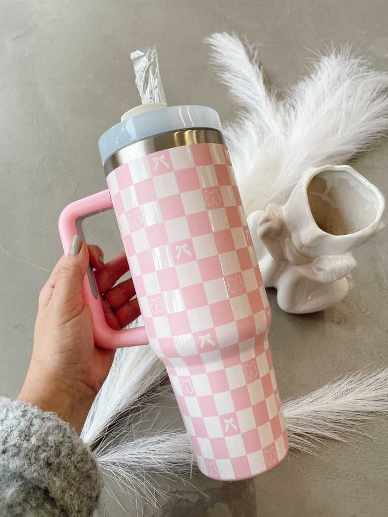 Checkered Bow Tumbler in Pink