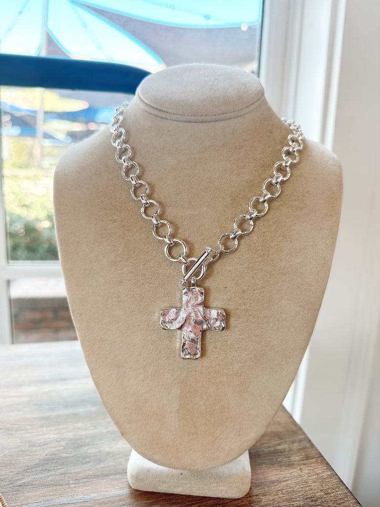 Chunky Cross & Chain Toggle Necklace Silver