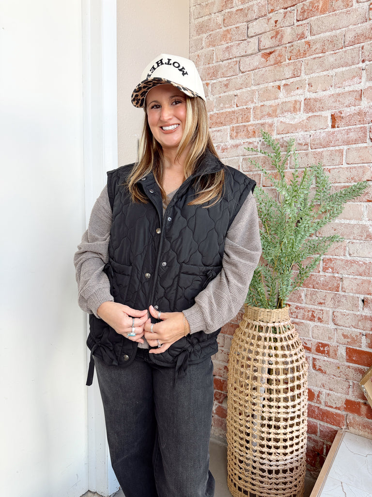 Quilted Puffer Vest with Ties in Black