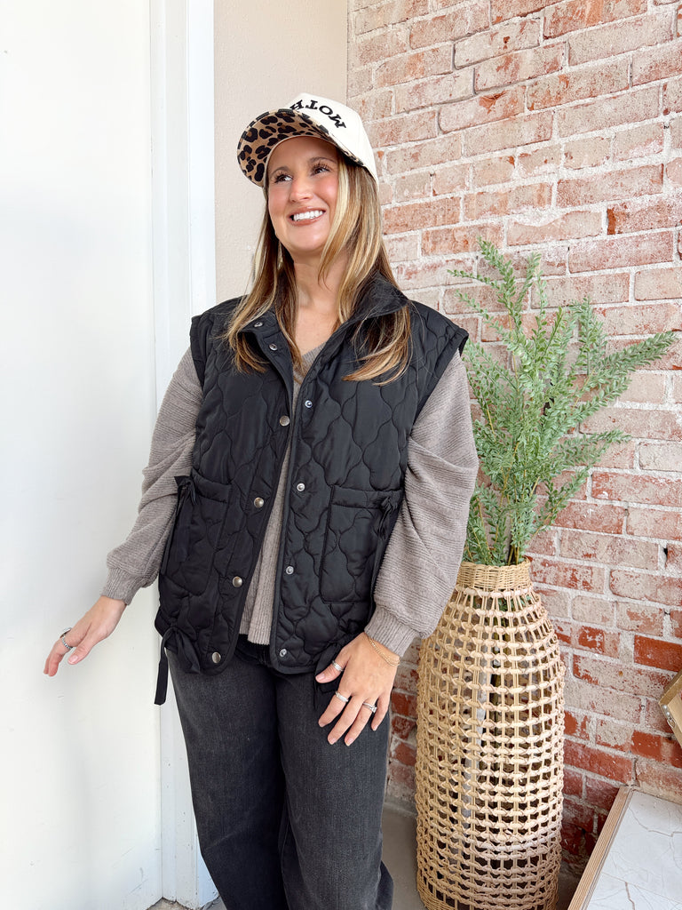 Quilted Puffer Vest with Ties in Black