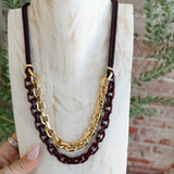 Layer Color Coated Chain & Cord Necklace in Burgundy