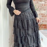 Tiered Chiffon Lace Trim Midi Skirt