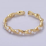 14K Gold Filled Dotted Pearl Lined Croissant Twisted Ring