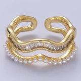 14K Gold Filled Wavy Baguette Pearl Double Band Ring
