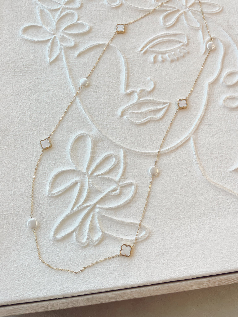 Long Pearl and Shell Clover Necklace