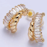 16K Gold Filled Cz Clear Baguette Croissant Double Band C-Shaped Hoop Earrings