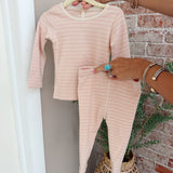Quincy Mae Ribbed Tee + Legging Set Dusty Rose Microstripe