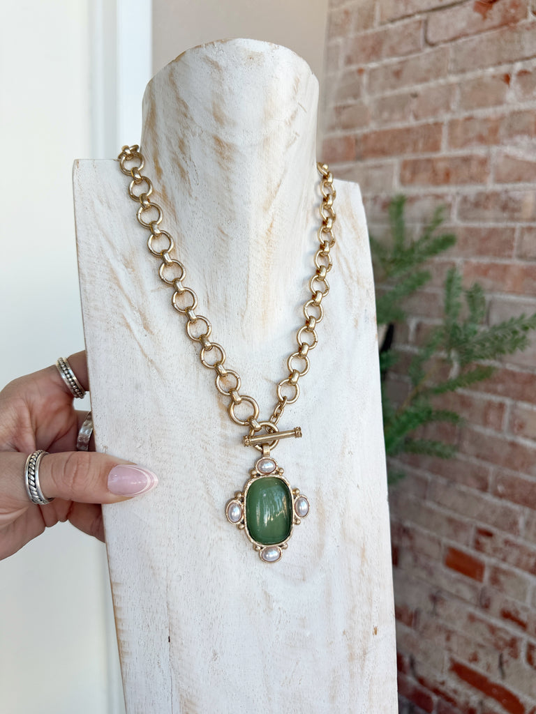 Oval Stone & Pearl Necklace in Sage