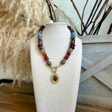 Framed Oval & Multi Shape Marble Stone Necklace - Burgundy Multi