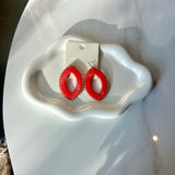 Wrapped Raffia Oval & Beads Earrings - Red