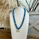 Marble Bead & Oval Stone Pendant Necklace- Blue