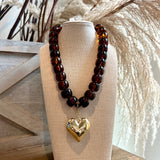 Bold Heart & Acrylic Ball Necklace - Tortoise/Gold