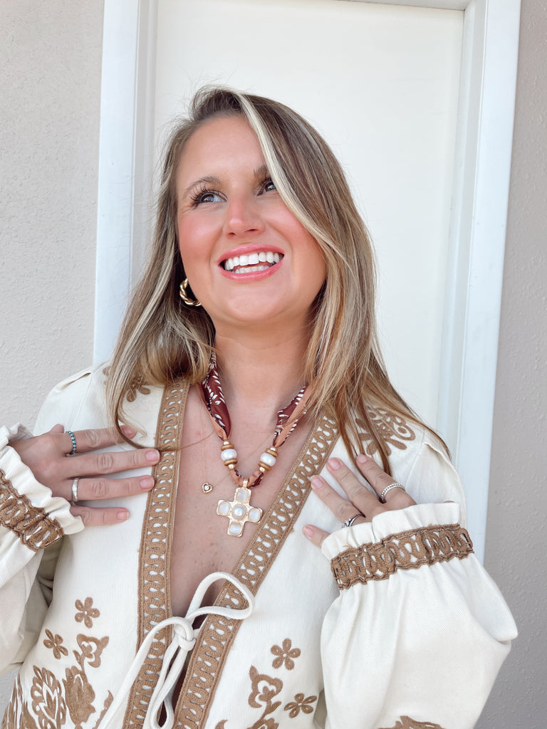 Brown Scarf Necklace with Pearl Cross