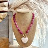 MOP Heart & Marble Stone Bead Necklace in Fuchsia