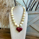 Puffy Heart & Marble Ball Necklace- Beige/Burgundy