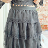 Tiered Chiffon Lace Trim Midi Skirt