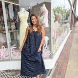 Dot To The Top Midi Dress in Navy