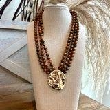 3 Layered Round & Marble Bead Necklace - Brown