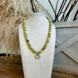 Marble Bead & Oval Stone Pendant Necklace- Olive