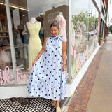 Classy Tie Dress - Blue Polka Dot