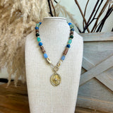 Oval w/Sunburst Pendant Bead Necklace- Green Multi