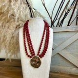 3 Layered Round & Marble Bead Necklace - Red