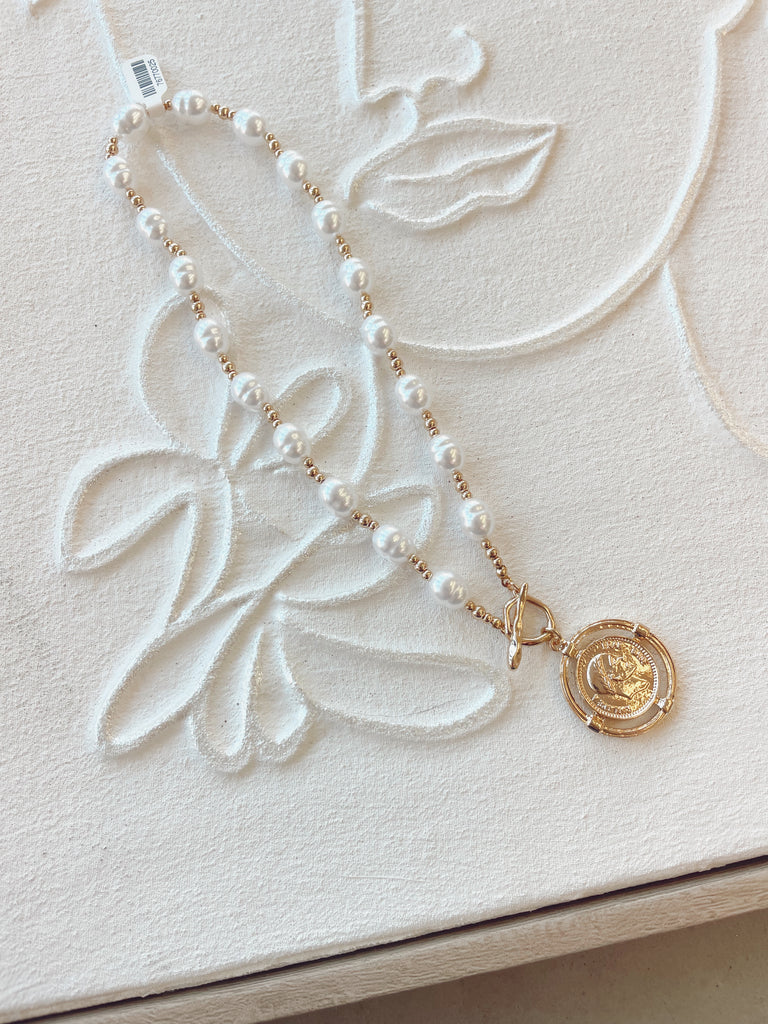 Large Coin Pendant and Pearl Necklace