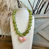 Puffy Heart & Marble Ball Necklace- Olive/Light Pink