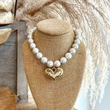 Puffy Heart & Pearl Bead Necklace