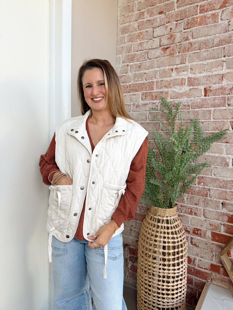 Quilted Puffer Vest with Ties in White