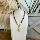 Oval w/Sunburst Pendant Bead Necklace- Burgundy Multi