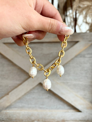 Linked Double Pearl & Brass Bow Earrings