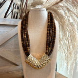 4 Layered Bead & V Shape Necklace - Dark Brown