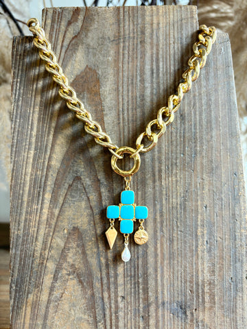 Gold Charm Necklace Teal