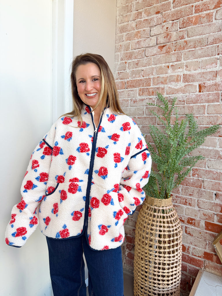 Red Floral Fleece Jacket