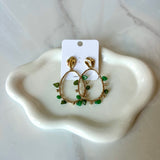 Oval Stone Station Earrings - Olive/Gold