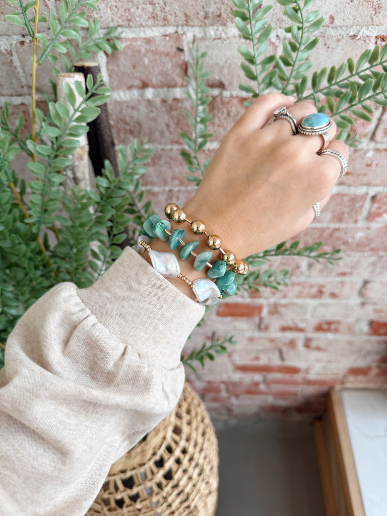 3 Row Pearl & CCB Multi Layered Bracelet in Teal
