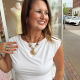 Shell Pendant Wood Bead & Pearl Necklace