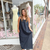 Dot To The Top Midi Dress in Navy