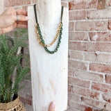 Layered Color Coated Chain & Cord Necklace in Olive