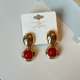 Square Dome Shape Stone & Oval Earrings in Red
