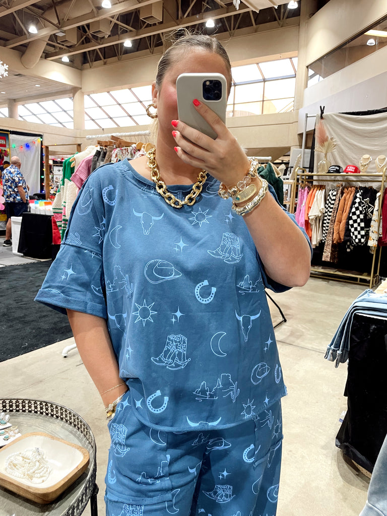 Western Print Top Blue