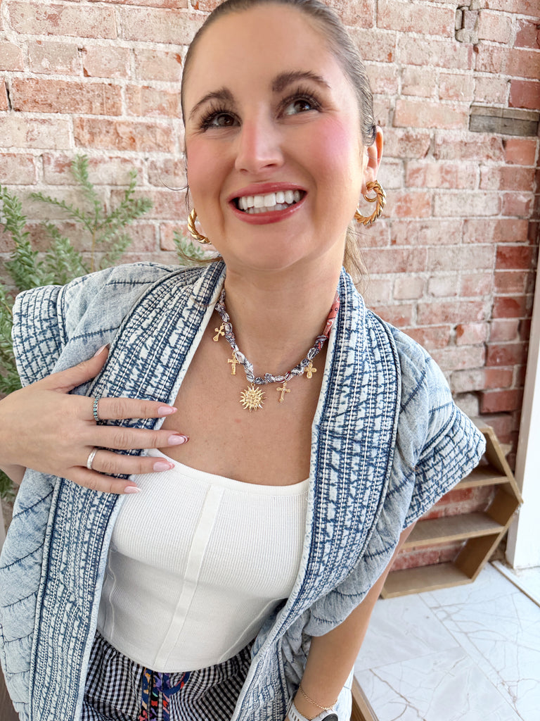 Coral Scarf Necklace with Multi Charms