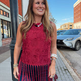Burgundy Floral Fringe Top