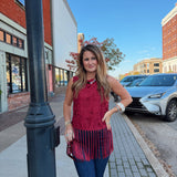 Burgundy Floral Fringe Top