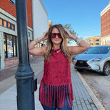Burgundy Floral Fringe Top